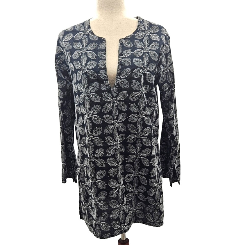 J Valdi Splitneck Floral Swimsuit Coverup Tunic Black‎ White Stitch